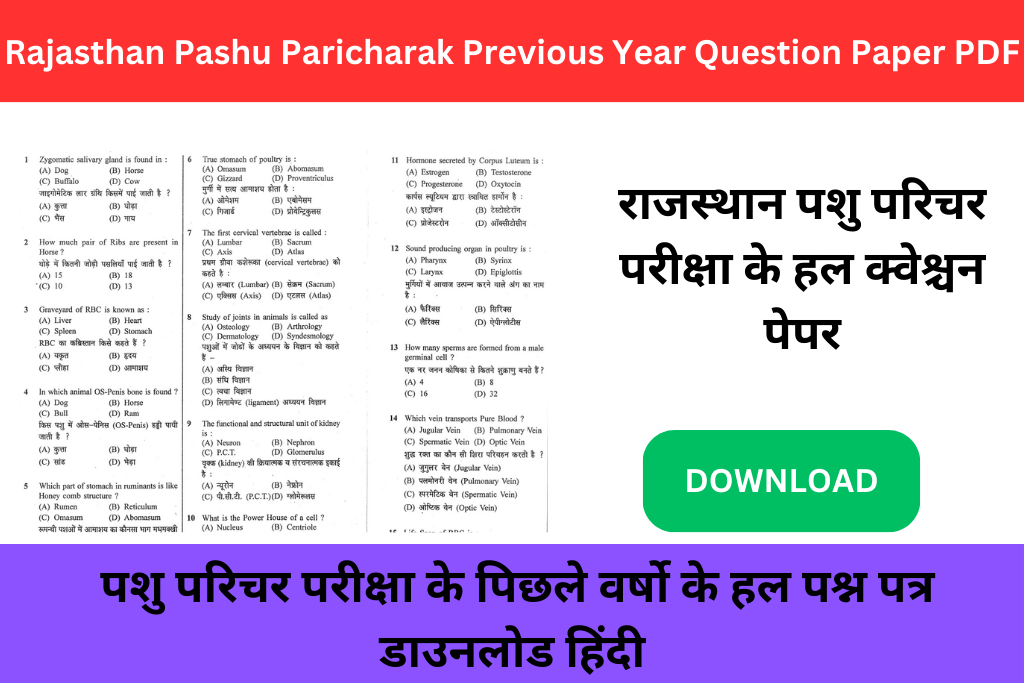 Rajasthan Pashu Paricharak Previous Year Question Paper PDF