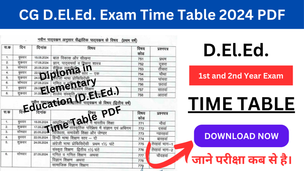 CG D.El.Ed. Exam Time Table 2024: छत्तीसगढ़ डी. एल.एड प्रथम एवं द्वितीय वर्ष मुख्य/अवसर परीक्षा 2024 समय सारणी जारी, चेक करे परीक्षा अब से है।