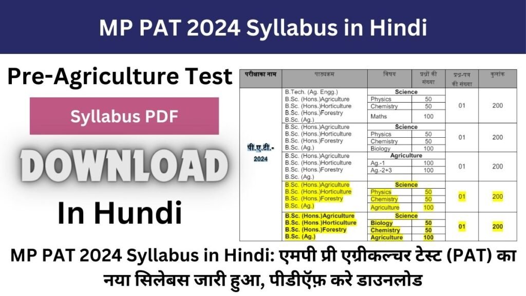 MP PAT 2024 Syllabus in Hindi: एमपी प्री एग्रीकल्चर टेस्ट (PAT) का नया सिलेबस जारी हुआ, पीडीऍफ़ करे डाउनलोड