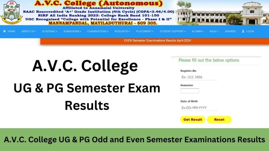 www.avccollege.net result 2024 Download A.V.C. College UG & PG Semester Examinations Results