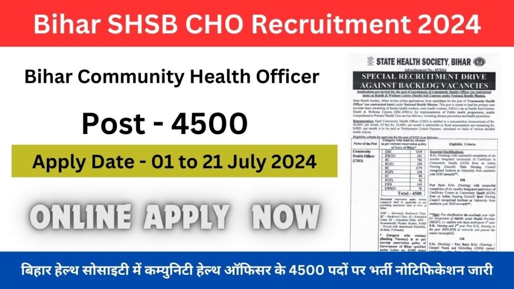 Bihar SHSB CHO Recruitment 2024: बिहार हेल्थ सोसाइटी में कम्युनिटी हेल्थ ऑफिसर के 4500 पदों पर भर्ती नोटिफिकेशन जारी