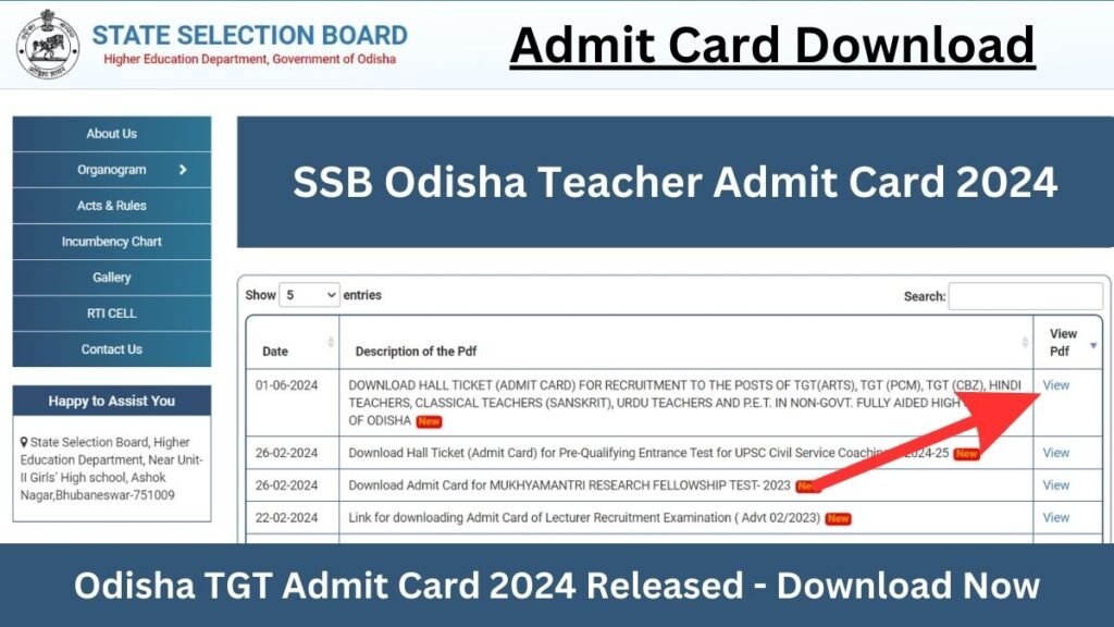 SSB Odisha Teacher Admit Card 2024 Released at ssbodisha.ac.in: Download Hall Ticket (Admit Card) for recruitment to the posts of TGT (Arts), TGT (PCM), TGT (CBZ), Hindi Teacher, Classical Teacher (Sanskrit), Urdu Teacher and PET